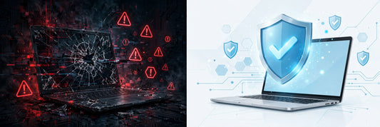 Cracked vs genuine software comparison - cracked laptop with warning signs versus protected laptop with security shield